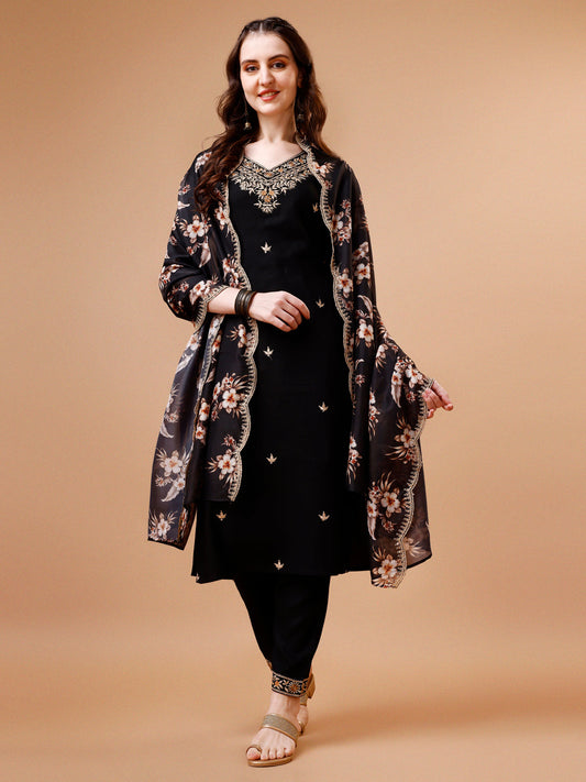 Embroidered Kurta With Pant & Floral Printed Cut Embroidered Work Dupatta Premium, Multicolor - Hiral Fashion