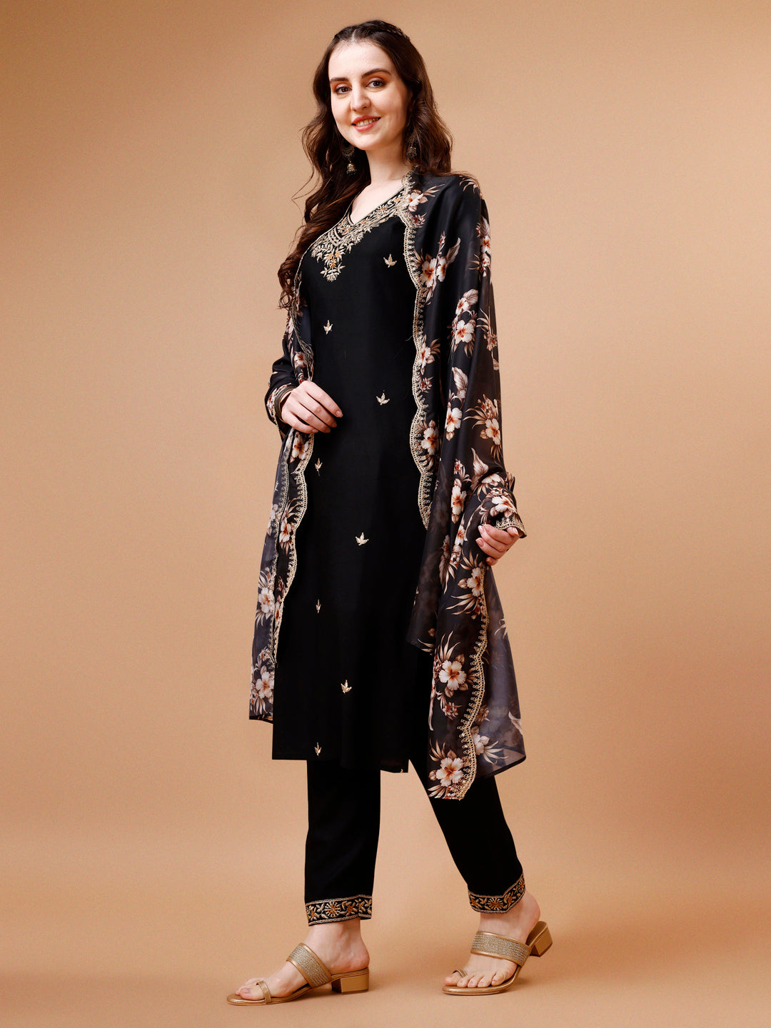 Embroidered Kurta With Pant & Floral Printed Cut Embroidered Work Dupatta Premium, Multicolor - Hiral Fashion