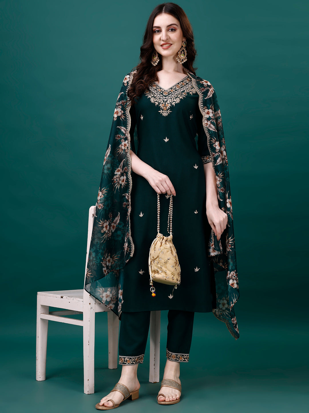 Embroidered Kurta With Pant & Embroidered & Printed Dupatta, Multicolor - Hiral Fashion