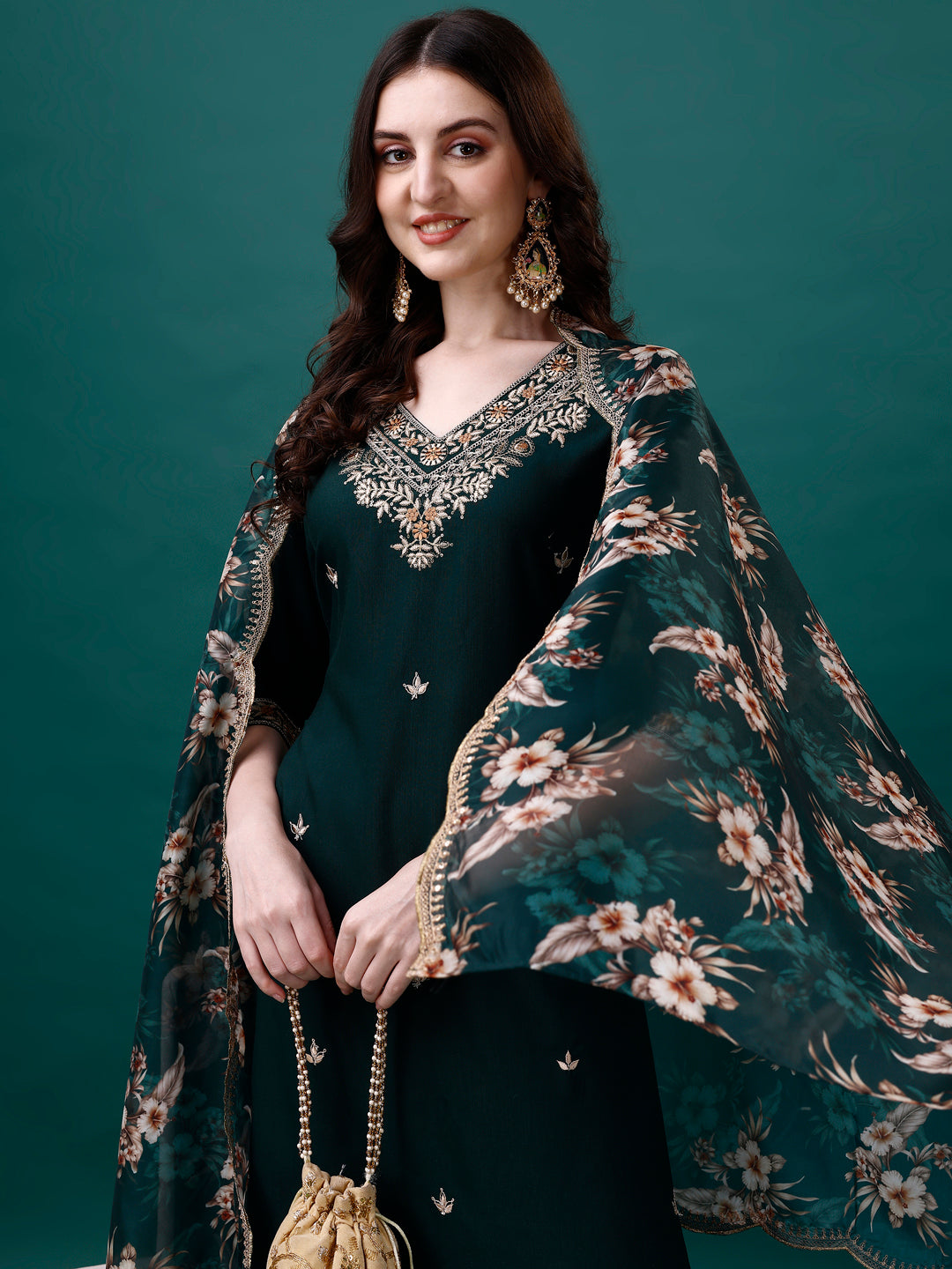 Embroidered Kurta With Pant & Embroidered & Printed Dupatta, Multicolor - Hiral Fashion