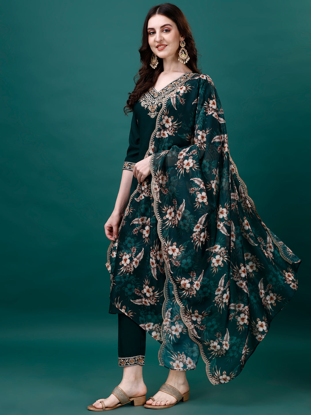 Embroidered Kurta With Pant & Embroidered & Printed Dupatta, Multicolor - Hiral Fashion