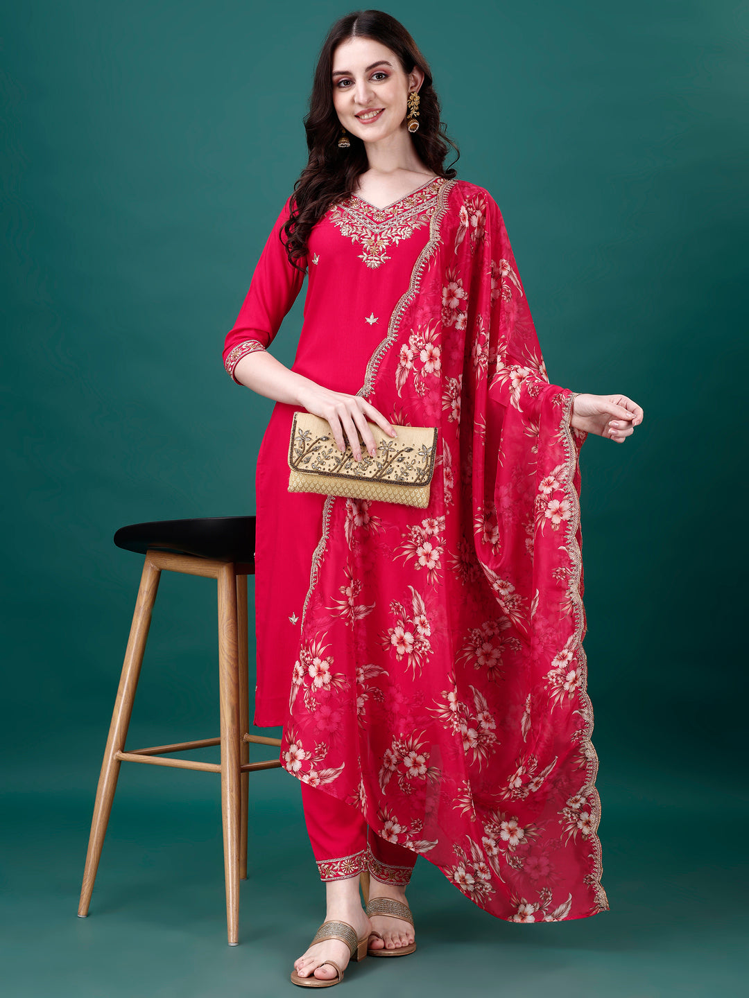 Embroidered Kurta With Pant & Embroidered & Printed Dupatta, Multicolor - Hiral Fashion
