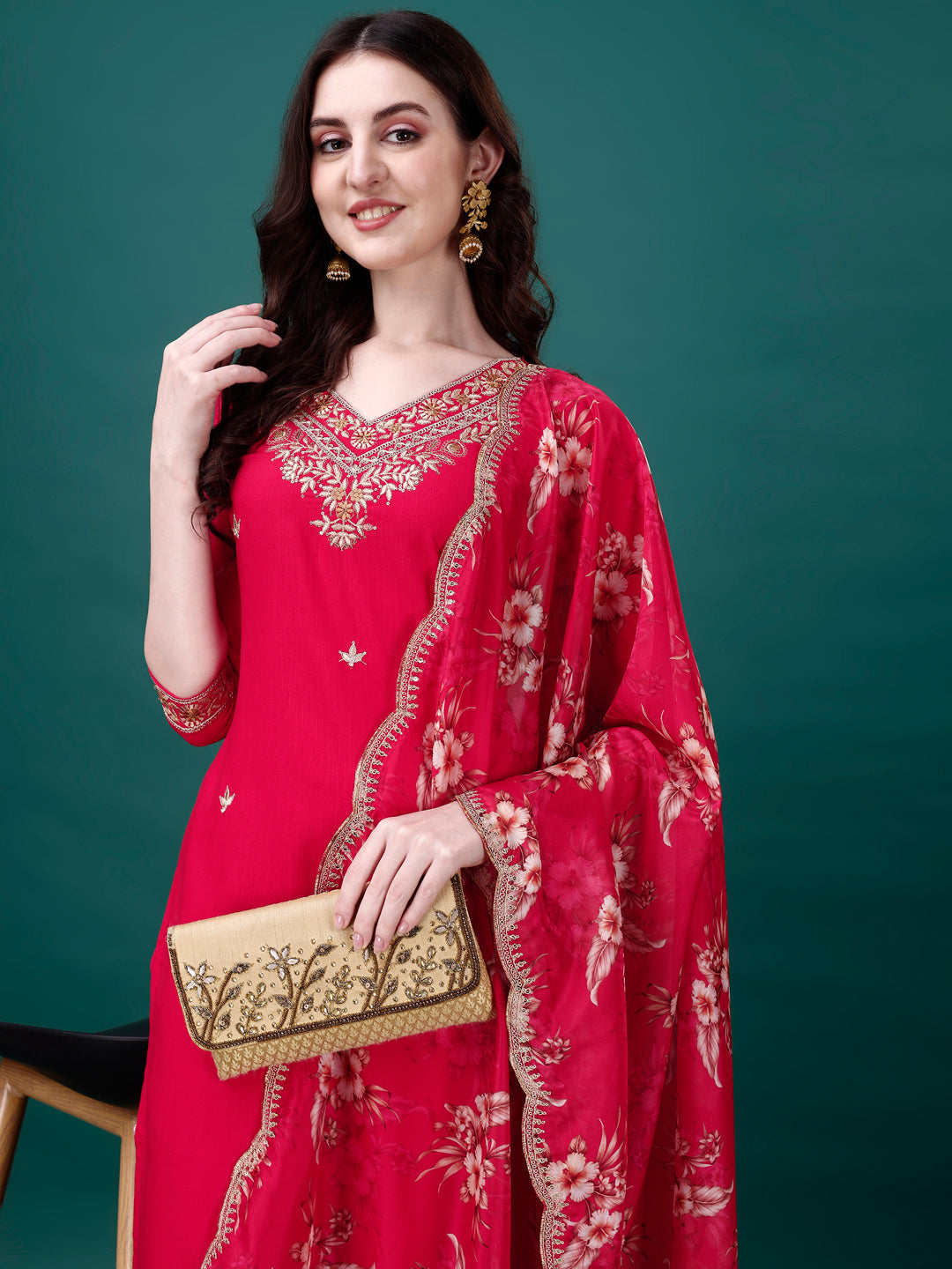 Embroidered Kurta With Pant & Embroidered & Printed Dupatta, Multicolor - Hiral Fashion
