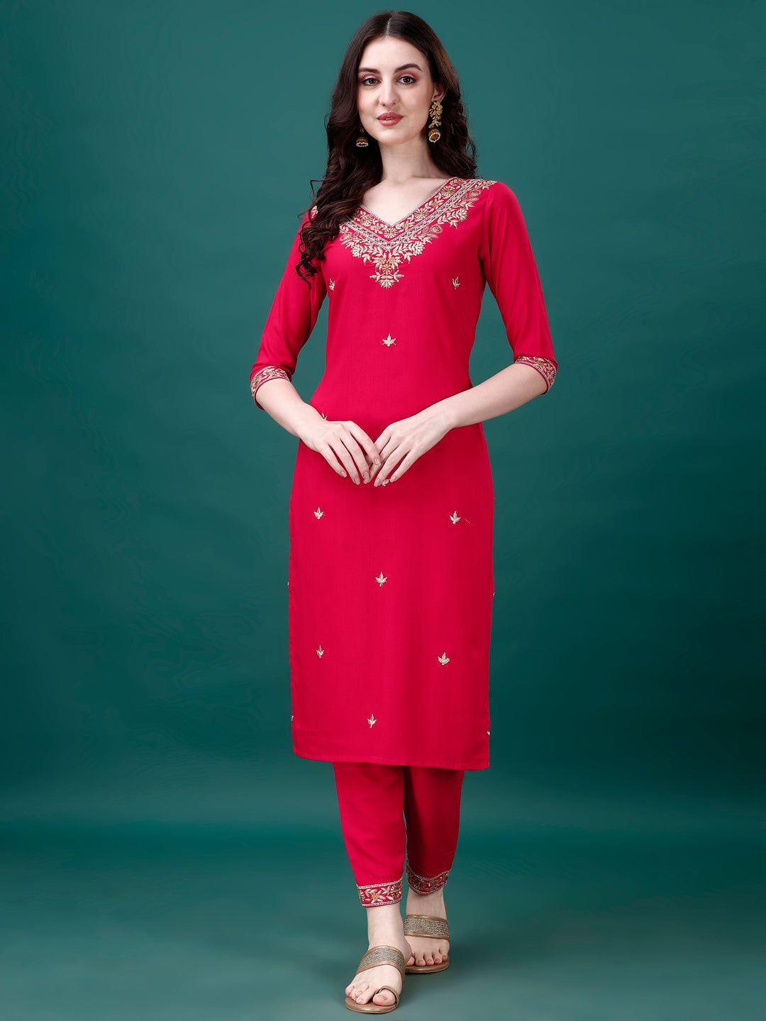 Embroidered Kurta With Pant & Embroidered & Printed Dupatta, Multicolor - Hiral Fashion