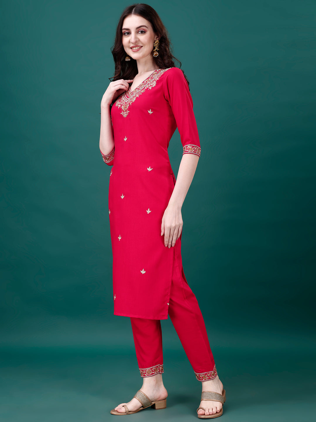 Embroidered Kurta With Pant & Embroidered & Printed Dupatta, Multicolor - Hiral Fashion