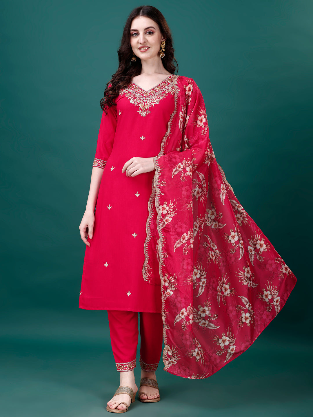 Embroidered Kurta With Pant & Embroidered & Printed Dupatta, Multicolor - Hiral Fashion