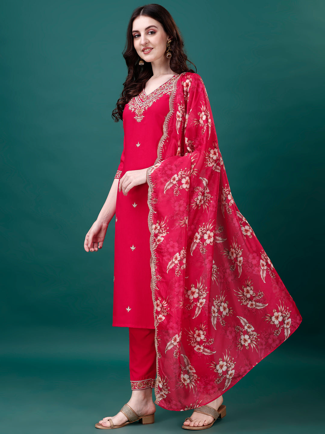 Embroidered Kurta With Pant & Embroidered & Printed Dupatta, Multicolor - Hiral Fashion
