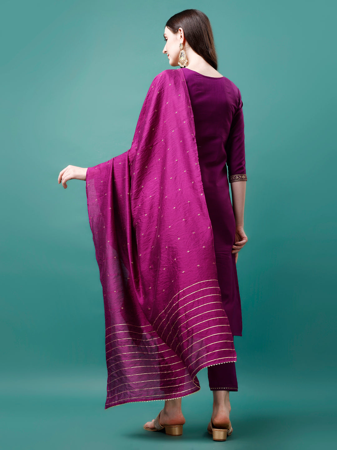 Embroidered Kurta With Pant & Chanderi Dupatta, Multicolor - Hiral Fashion