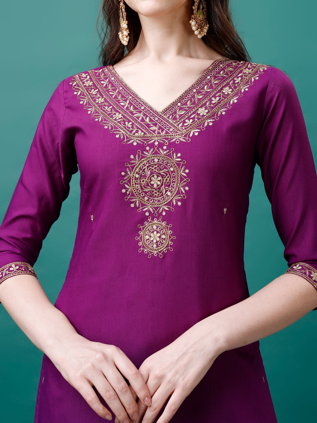 Embroidered Kurta With Pant & Chanderi Dupatta, Multicolor - Hiral Fashion