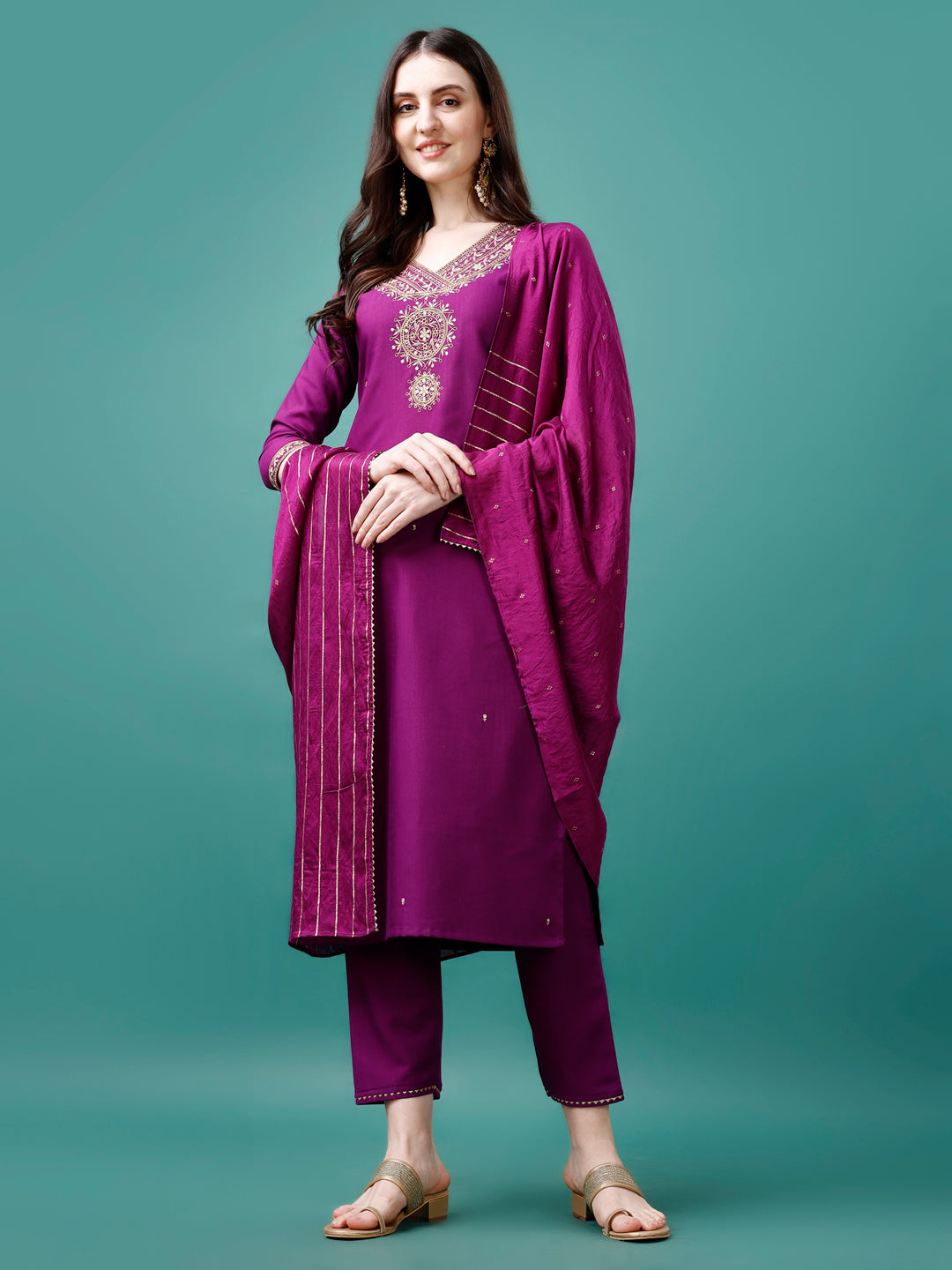 Embroidered Kurta With Pant & Chanderi Dupatta, Multicolor - Hiral Fashion