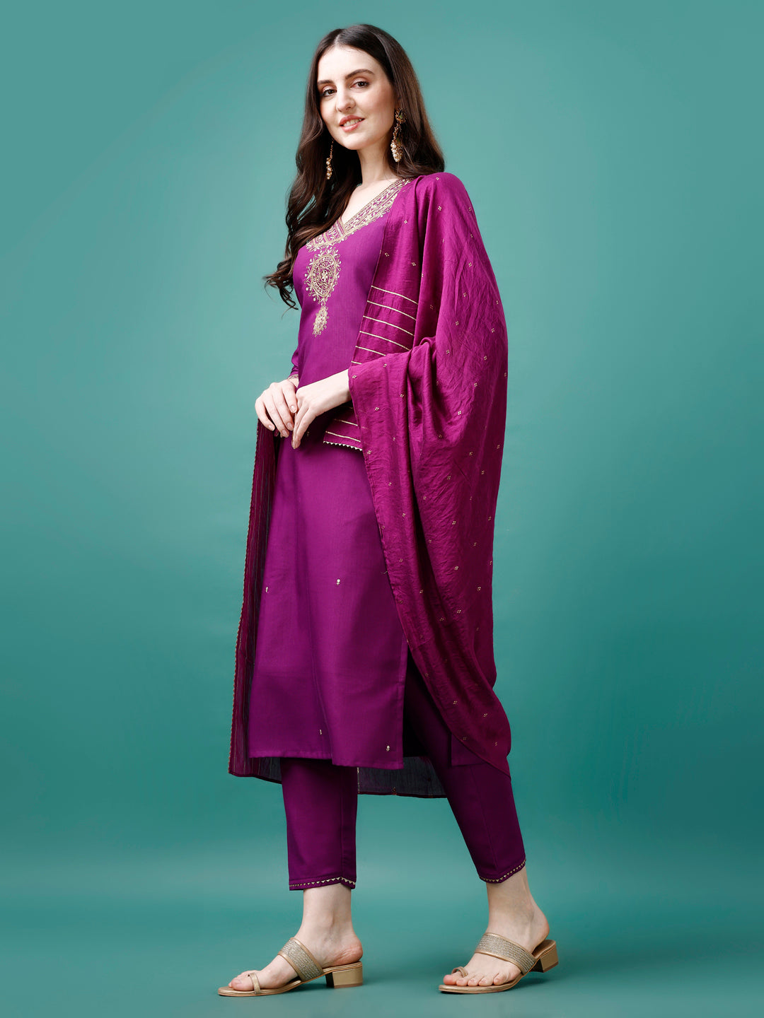 Embroidered Kurta With Pant & Chanderi Dupatta, Multicolor - Hiral Fashion