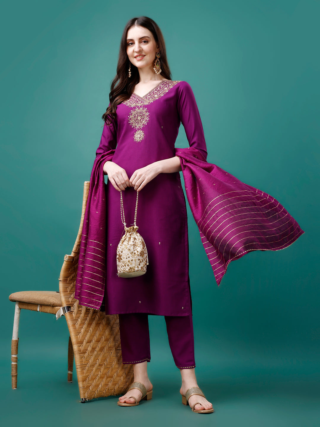 Embroidered Kurta With Pant & Chanderi Dupatta, Multicolor - Hiral Fashion