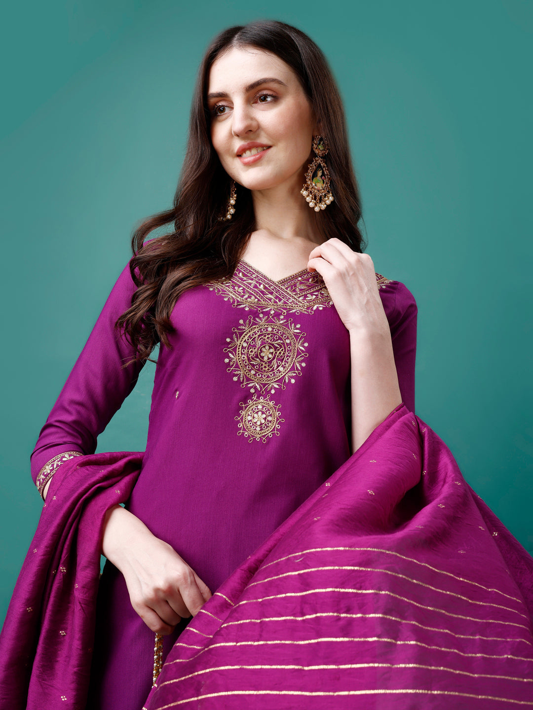 Embroidered Kurta With Pant & Chanderi Dupatta, Multicolor - Hiral Fashion