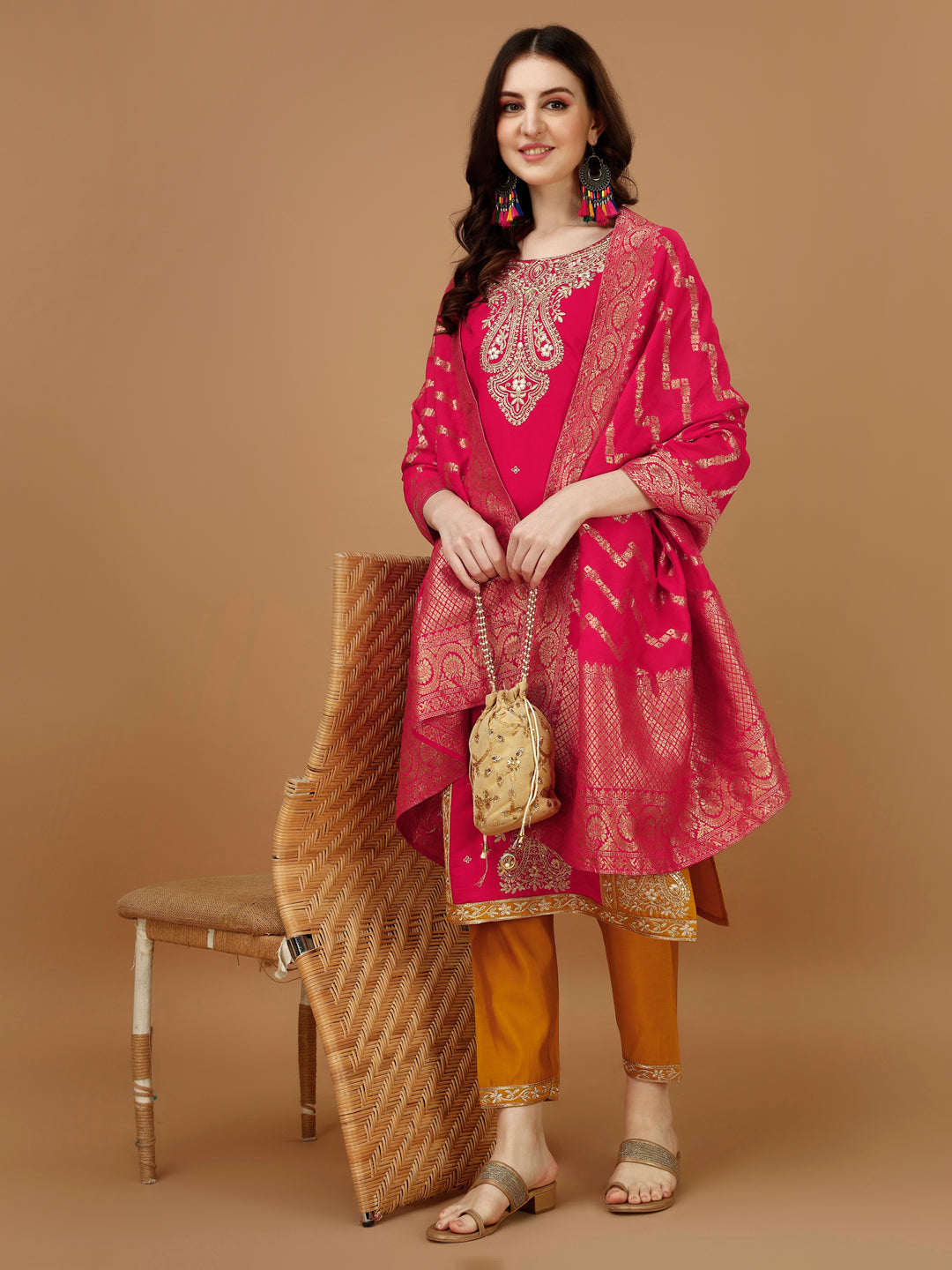 Embroidered Kurta With Pant & Banarasi Jacquard Dupatta, Multicolor - Hiral Fashion