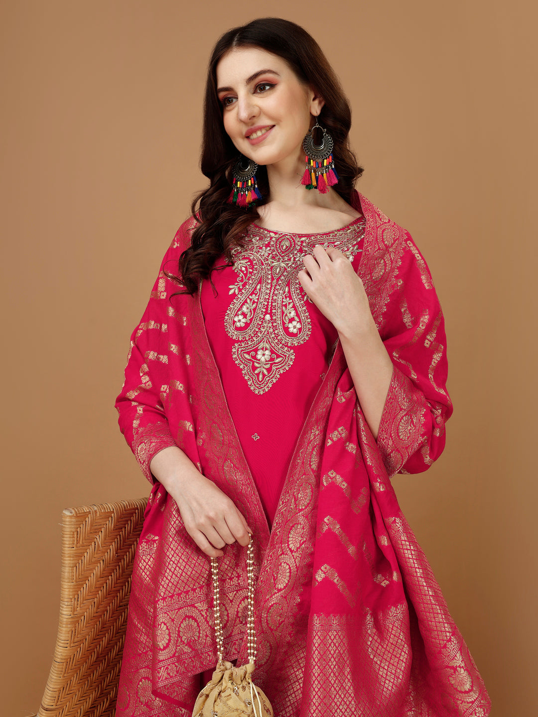 Embroidered Kurta With Pant & Banarasi Jacquard Dupatta, Multicolor - Hiral Fashion
