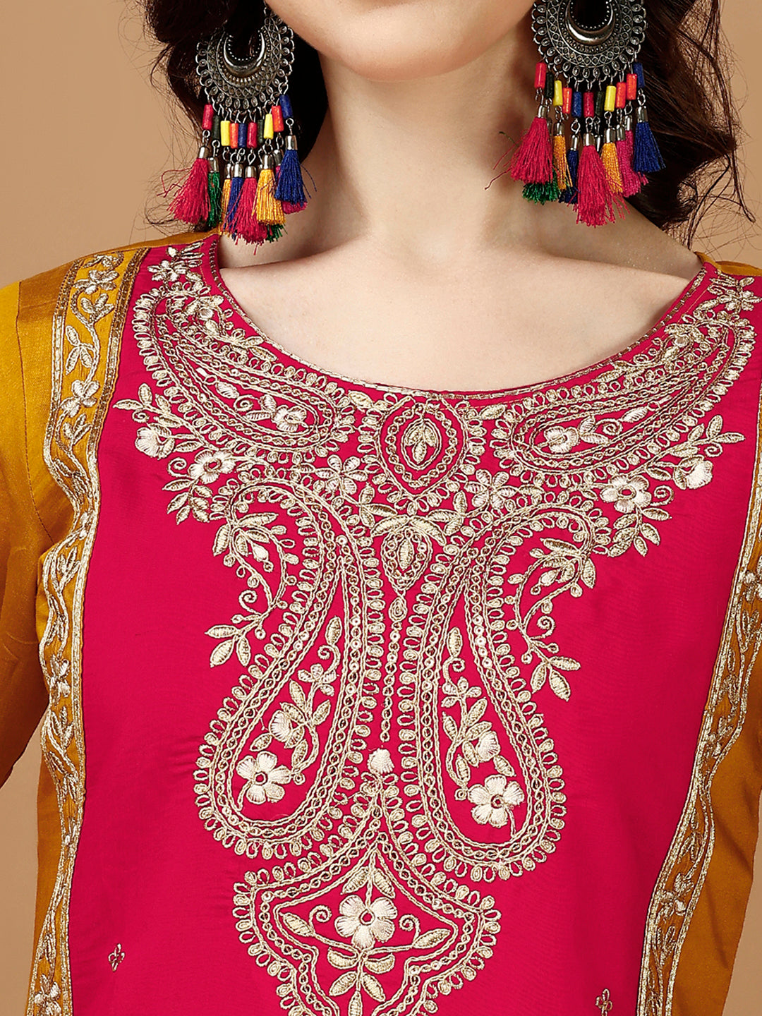 Embroidered Kurta With Pant & Banarasi Jacquard Dupatta, Multicolor - Hiral Fashion