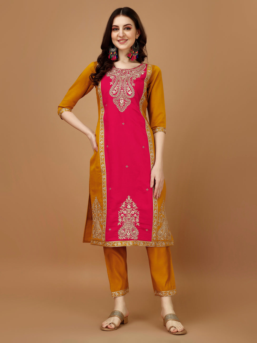 Embroidered Kurta With Pant & Banarasi Jacquard Dupatta, Multicolor - Hiral Fashion