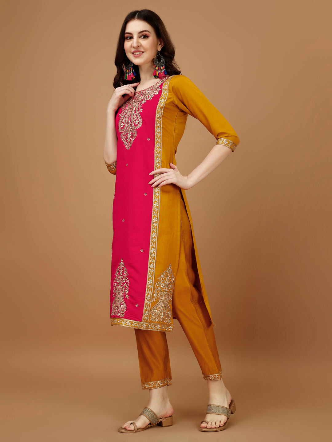 Embroidered Kurta With Pant & Banarasi Jacquard Dupatta, Multicolor - Hiral Fashion