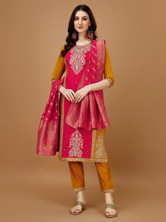 Embroidered Kurta With Pant & Banarasi Jacquard Dupatta, Multicolor - Hiral Fashion