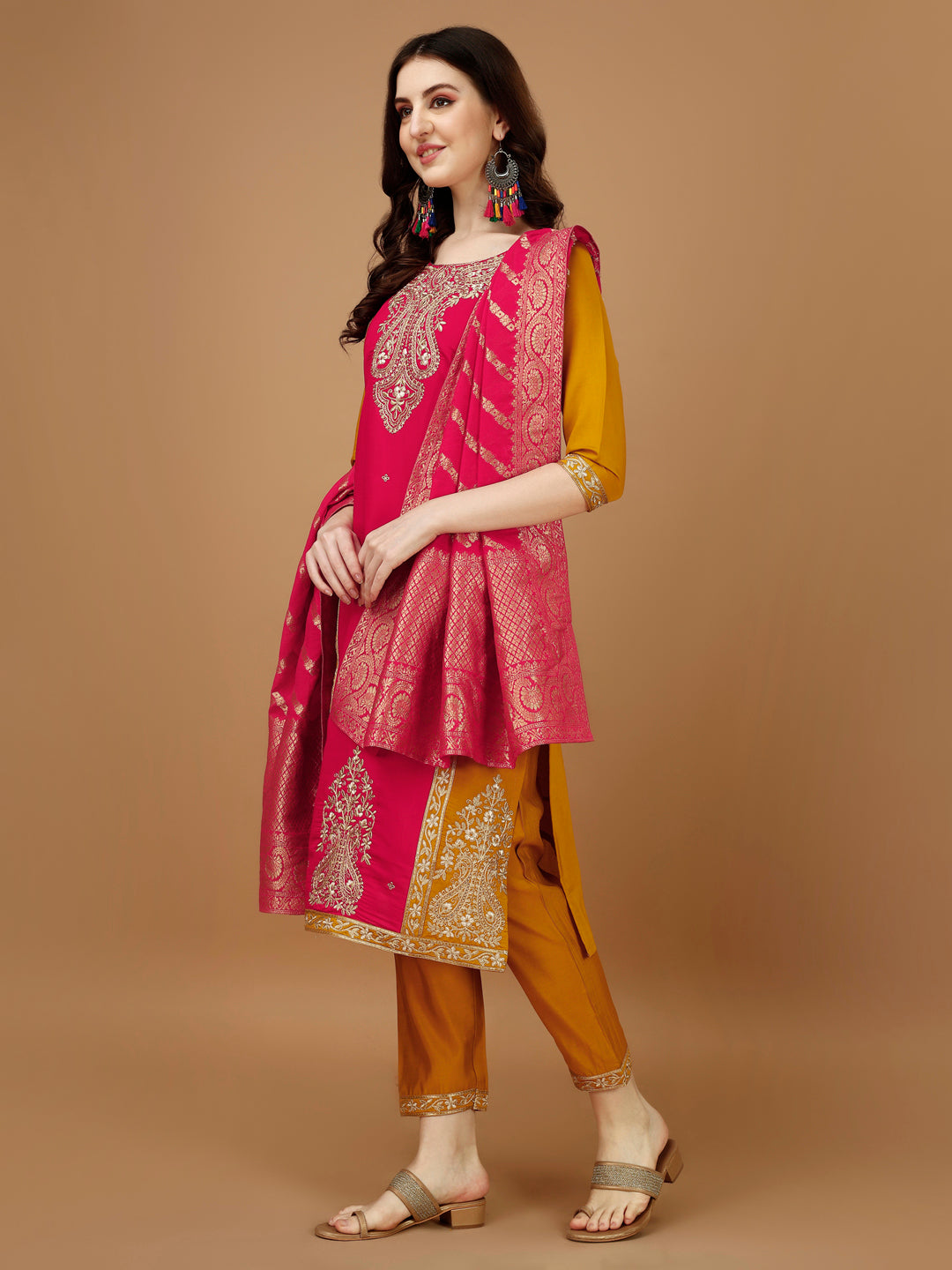 Embroidered Kurta With Pant & Banarasi Jacquard Dupatta, Multicolor - Hiral Fashion