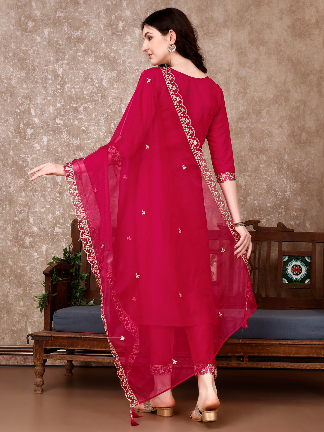 Embroidered Kurta With Pant & Embroidered Dupatta, Pink - Hiral Fashion