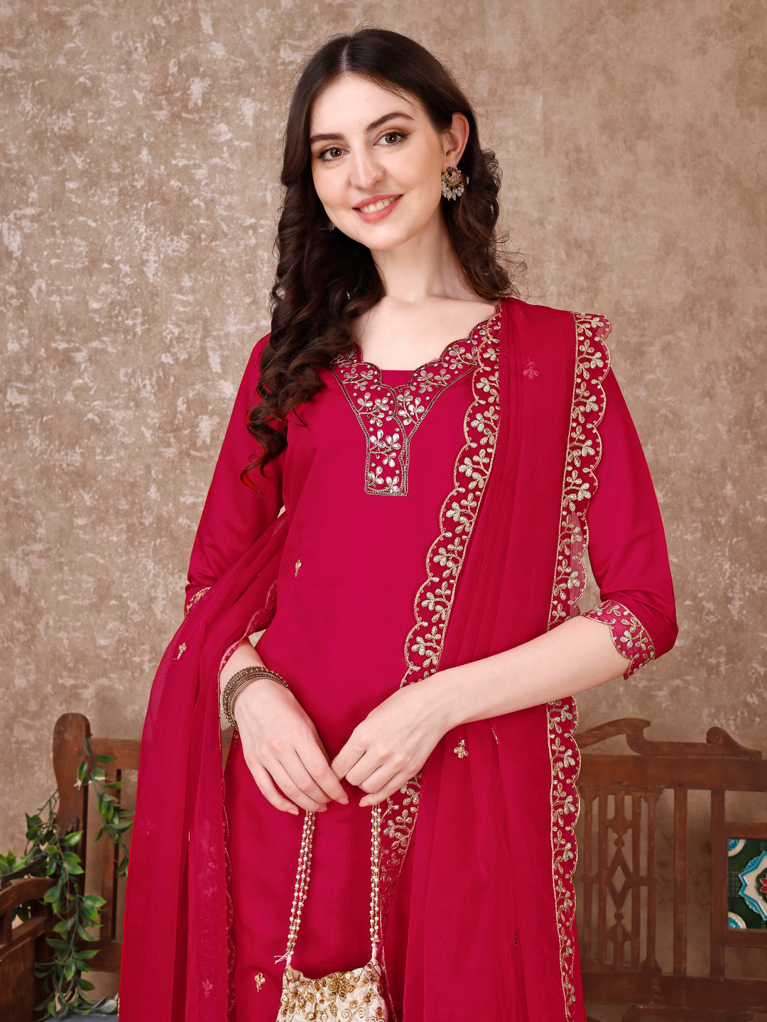 Embroidered Kurta With Pant & Embroidered Dupatta, Pink - Hiral Fashion