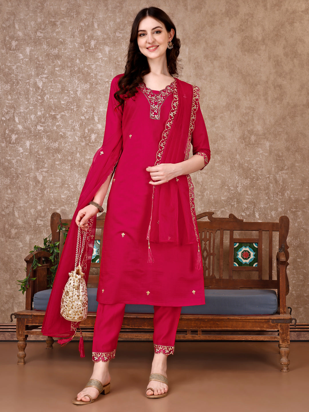 Embroidered Kurta With Pant & Embroidered Dupatta, Pink - Hiral Fashion