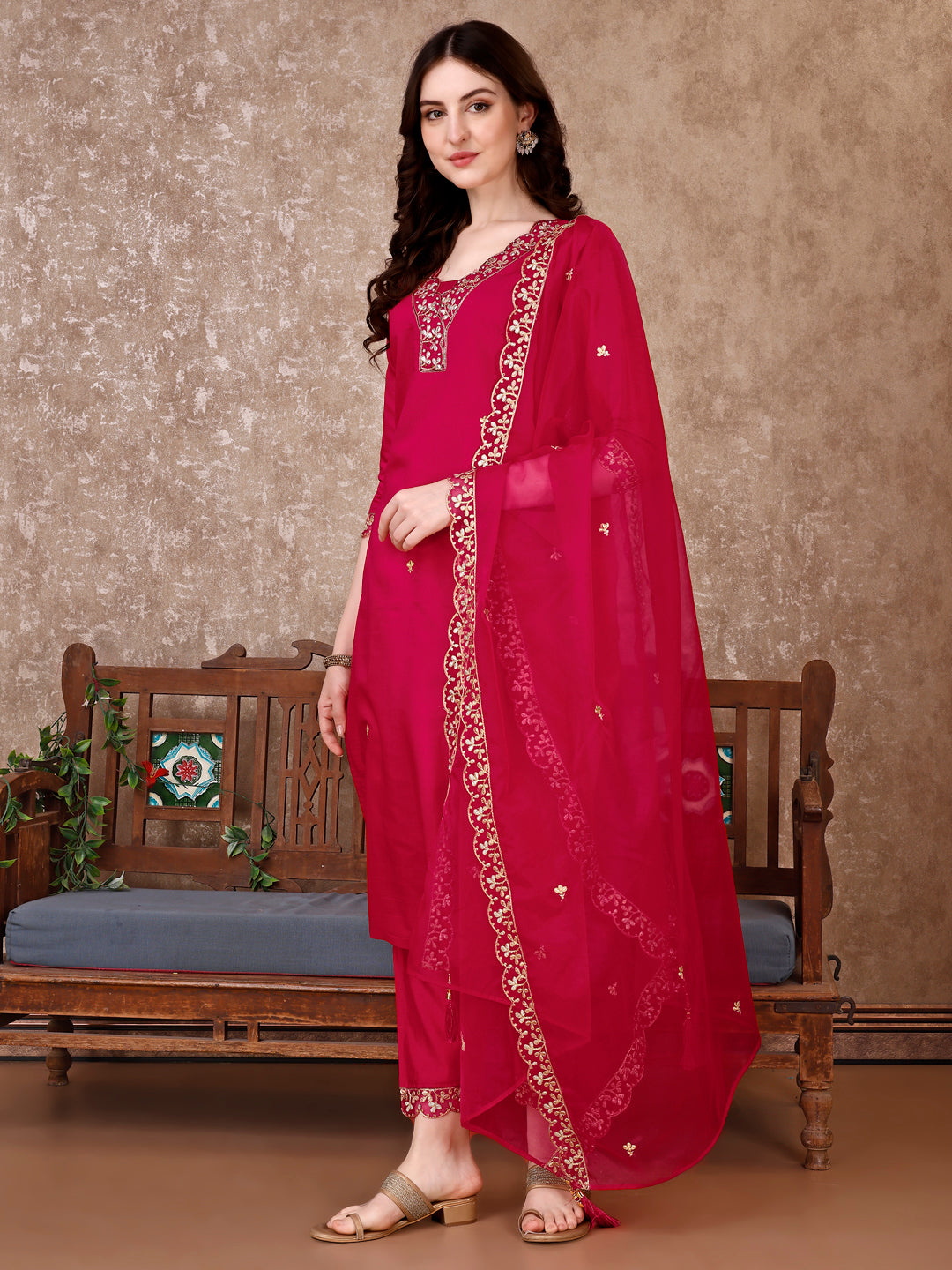 Embroidered Kurta With Pant & Embroidered Dupatta, Pink - Hiral Fashion