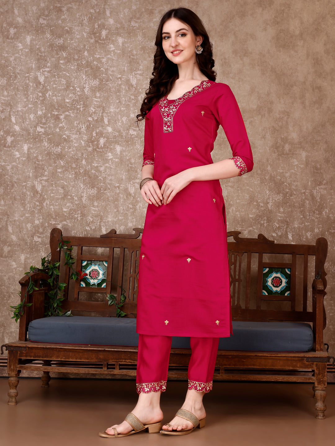 Embroidered Kurta With Pant & Embroidered Dupatta, Pink - Hiral Fashion