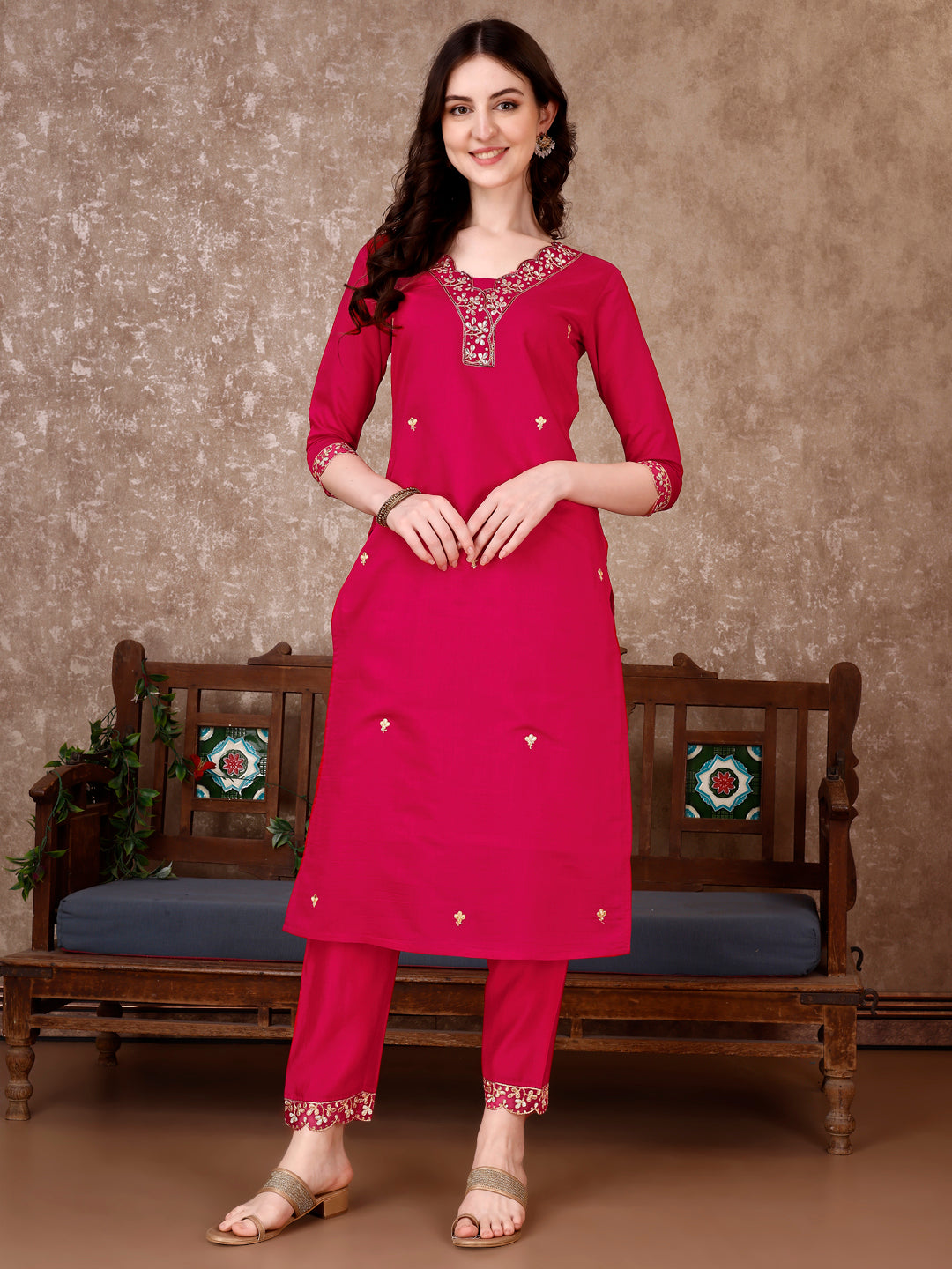 Embroidered Kurta With Pant & Embroidered Dupatta, Pink - Hiral Fashion