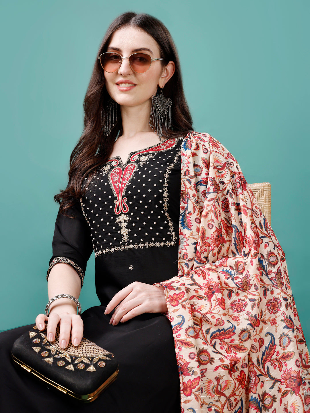 Hand Embroidered Kurta With Pant & Printed Dupatta, Multicolor - Hiral Fashion