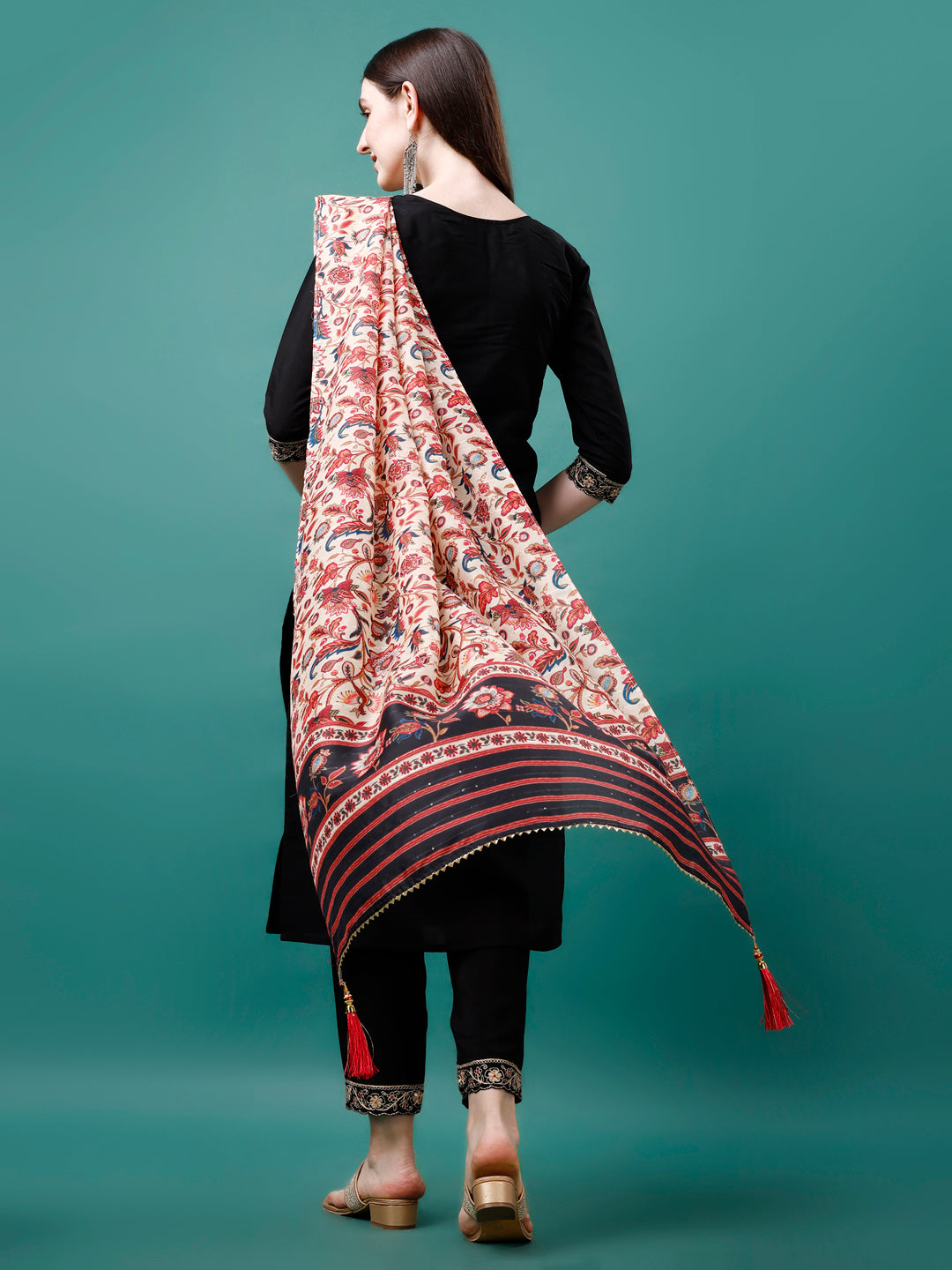 Hand Embroidered Kurta With Pant & Printed Dupatta, Multicolor - Hiral Fashion