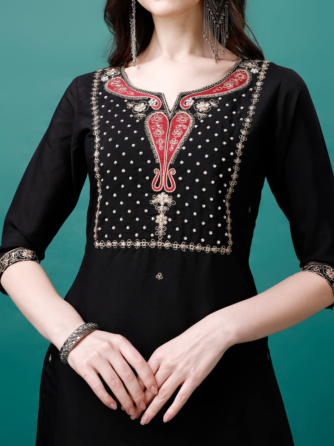 Hand Embroidered Kurta With Pant & Printed Dupatta, Multicolor - Hiral Fashion