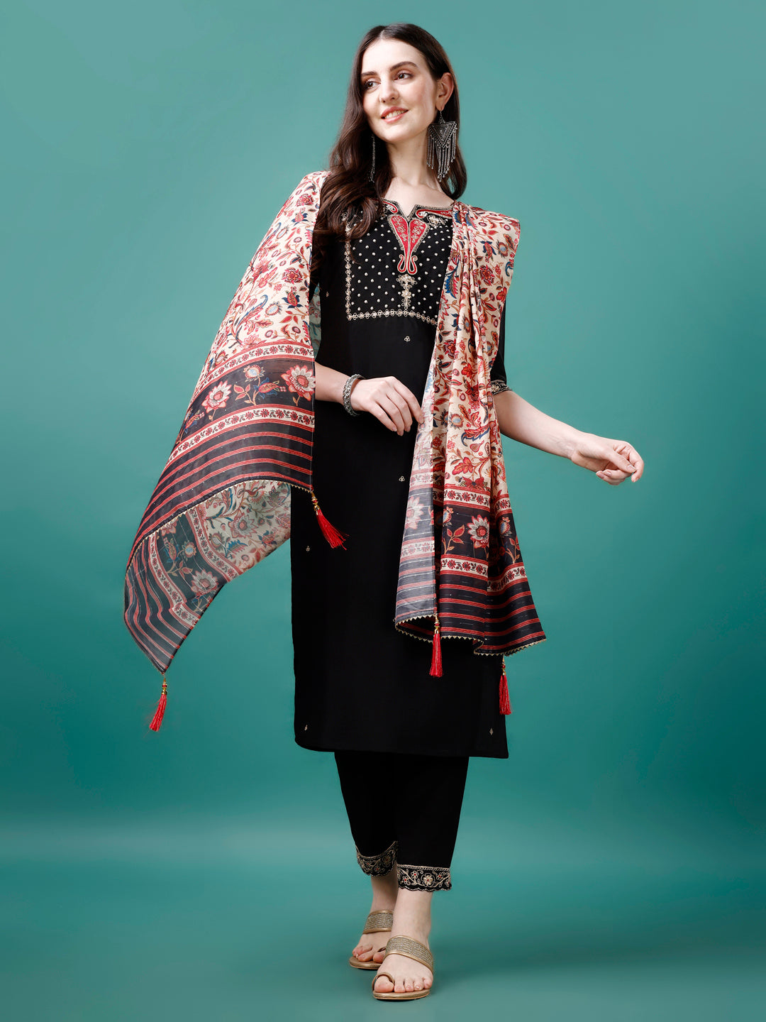 Hand Embroidered Kurta With Pant & Printed Dupatta, Multicolor - Hiral Fashion