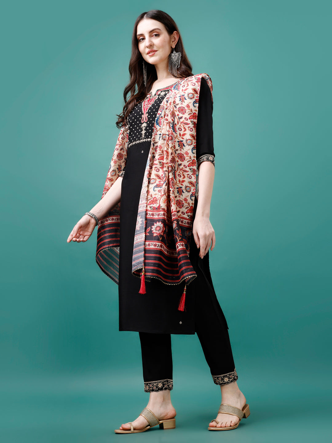 Hand Embroidered Kurta With Pant & Printed Dupatta, Multicolor - Hiral Fashion