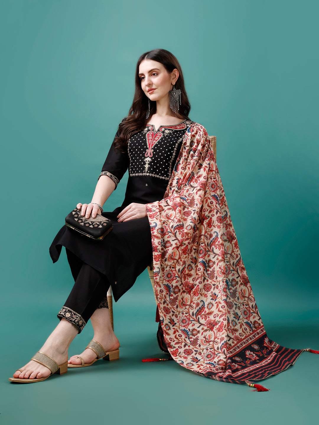Hand Embroidered Kurta With Pant & Printed Dupatta, Multicolor - Hiral Fashion