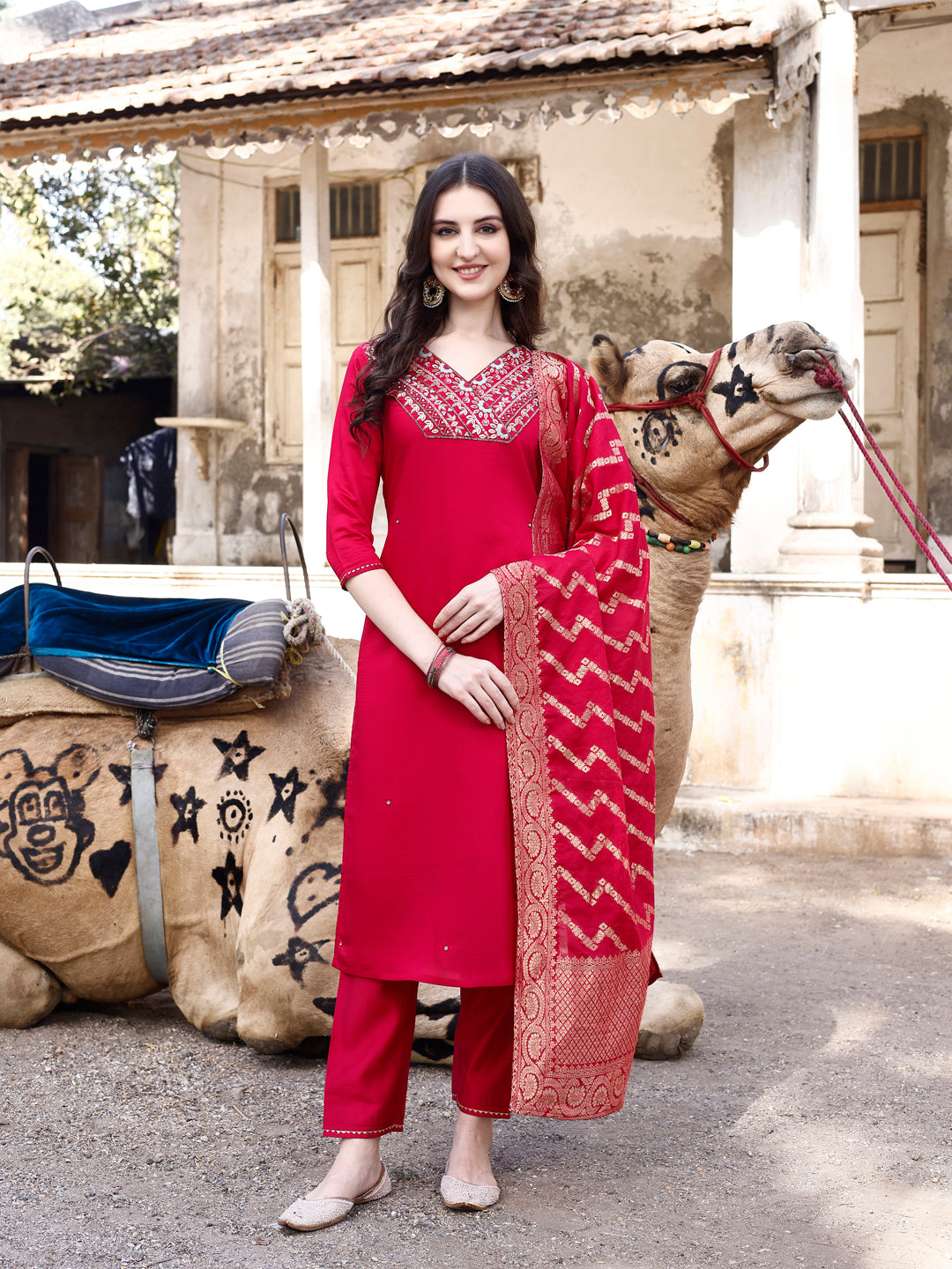 Hand Embroidered Kurta With Pant & Banarasi Dupatta Luxury, Multicolor - Hiral Fashion