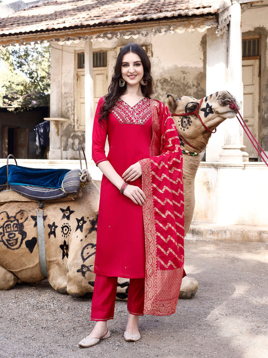 Hand Embroidered Kurta With Pant & Banarasi Dupatta Luxury, Multicolor - Hiral Fashion