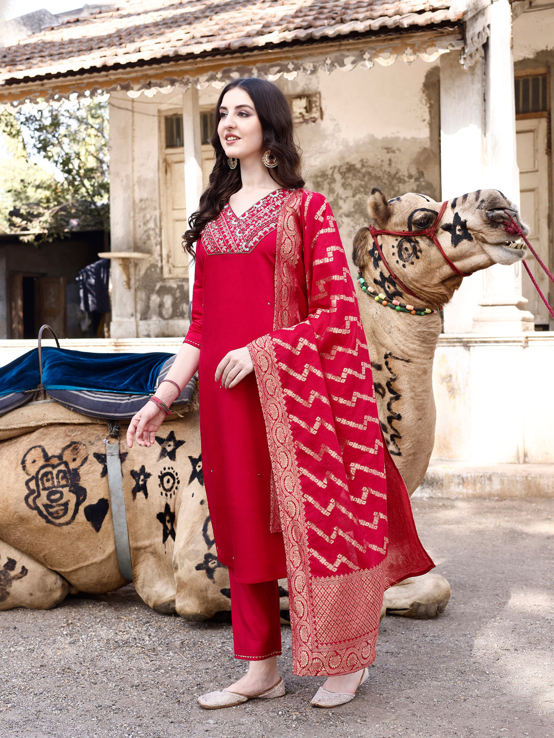 Hand Embroidered Kurta With Pant & Banarasi Dupatta Luxury, Multicolor - Hiral Fashion