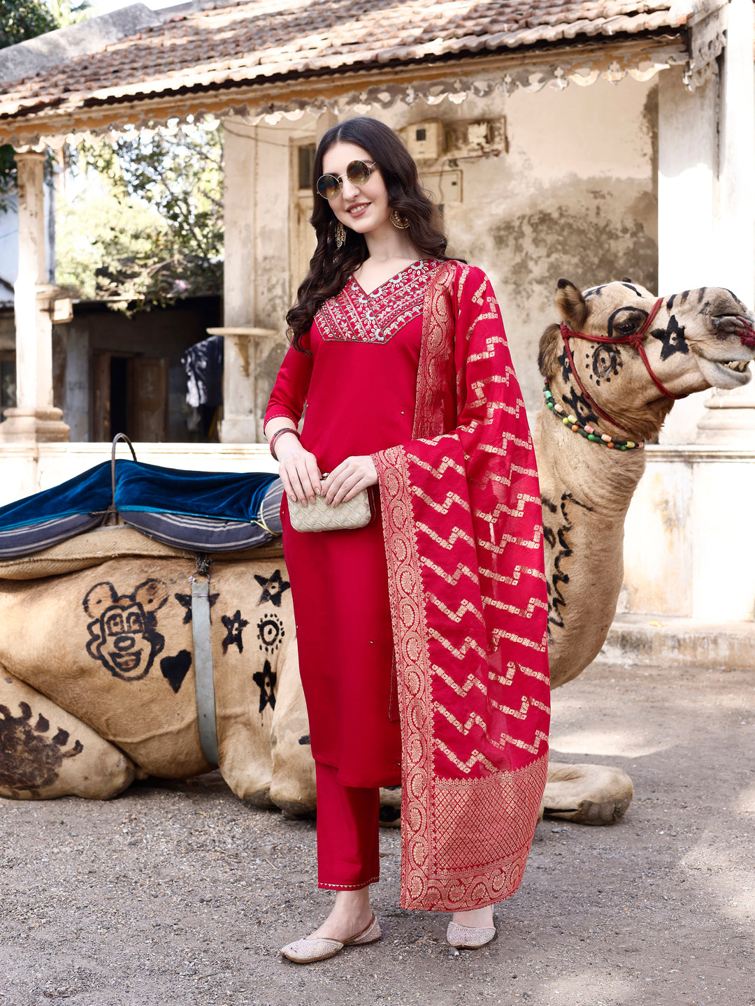 Hand Embroidered Kurta With Pant & Banarasi Dupatta Luxury, Multicolor - Hiral Fashion