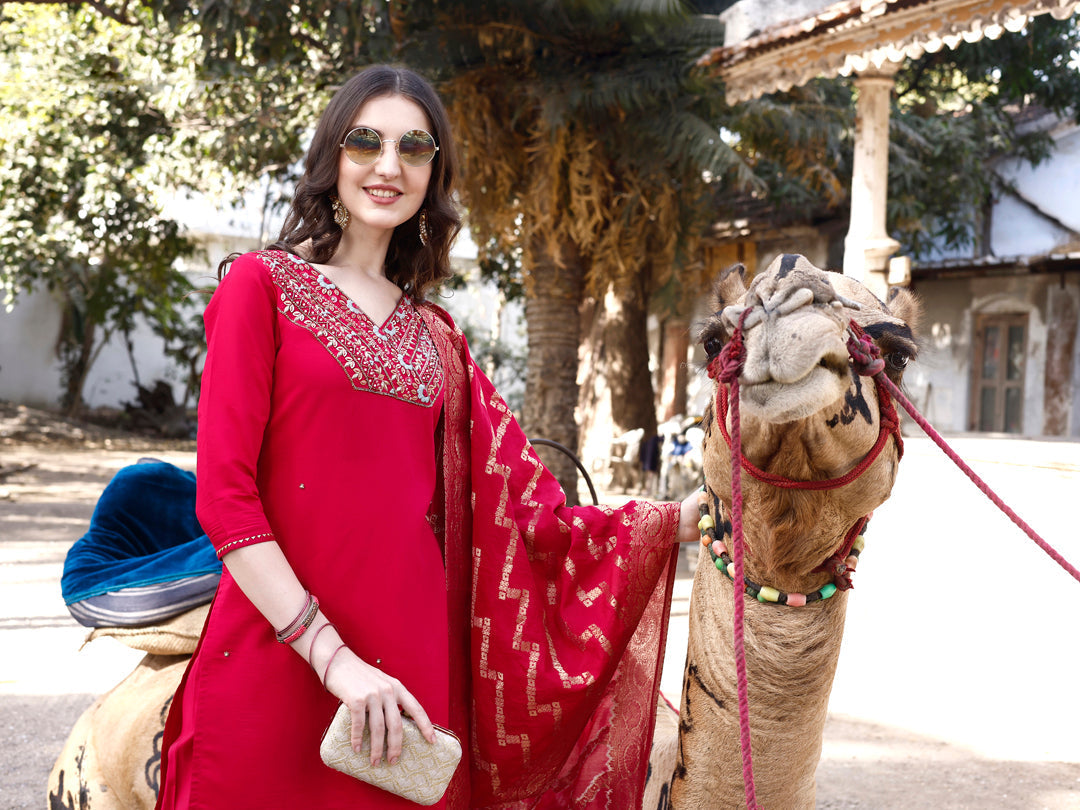Hand Embroidered Kurta With Pant & Banarasi Dupatta Luxury, Multicolor - Hiral Fashion