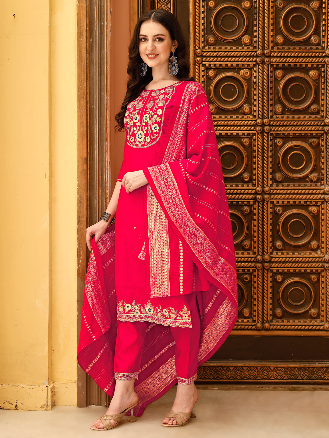 Embroidered Kurta With Pant & Chanderi Dupatta, Multicolor - Hiral Fashion