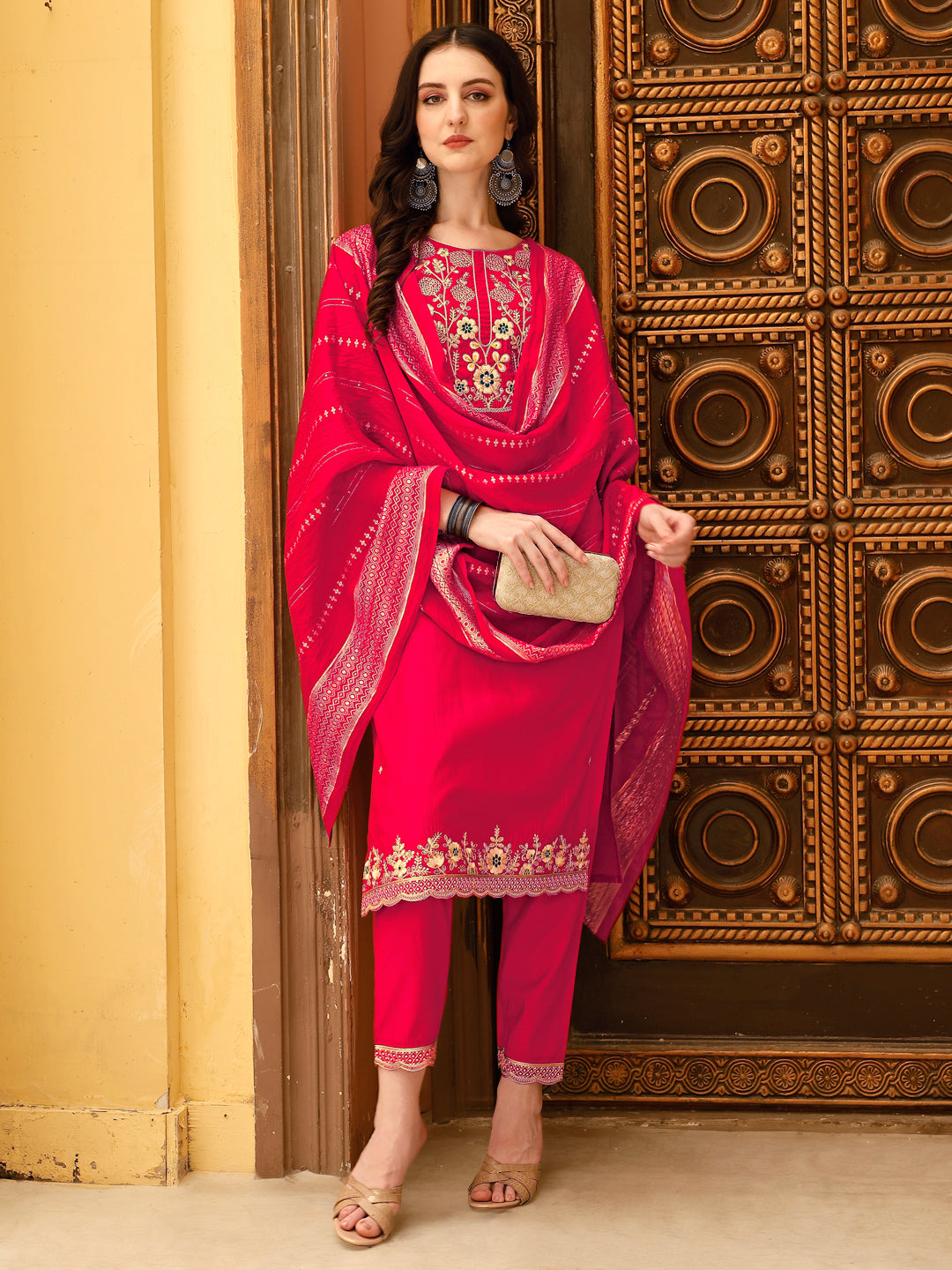 Embroidered Kurta With Pant & Chanderi Dupatta, Multicolor - Hiral Fashion