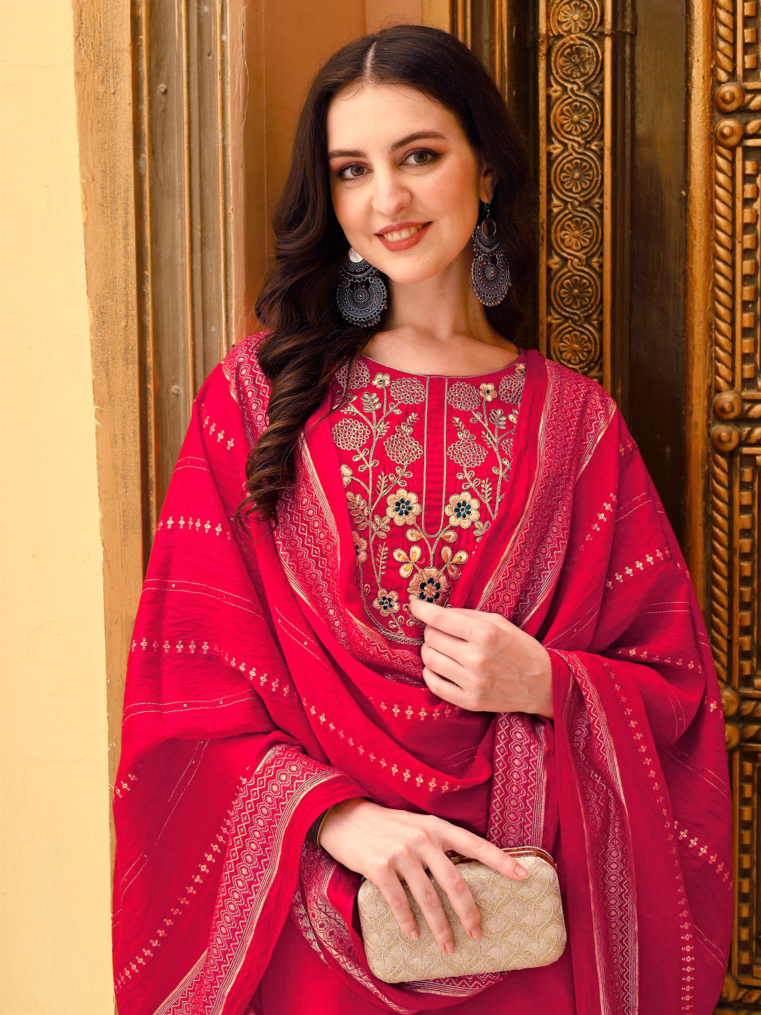 Embroidered Kurta With Pant & Chanderi Dupatta, Multicolor - Hiral Fashion