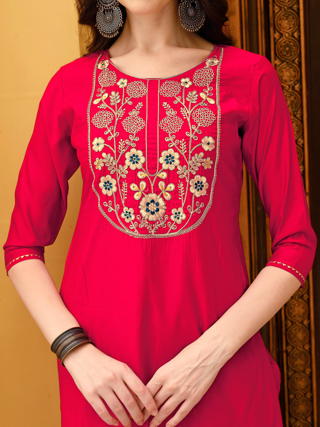 Embroidered Kurta With Pant & Chanderi Dupatta, Multicolor - Hiral Fashion
