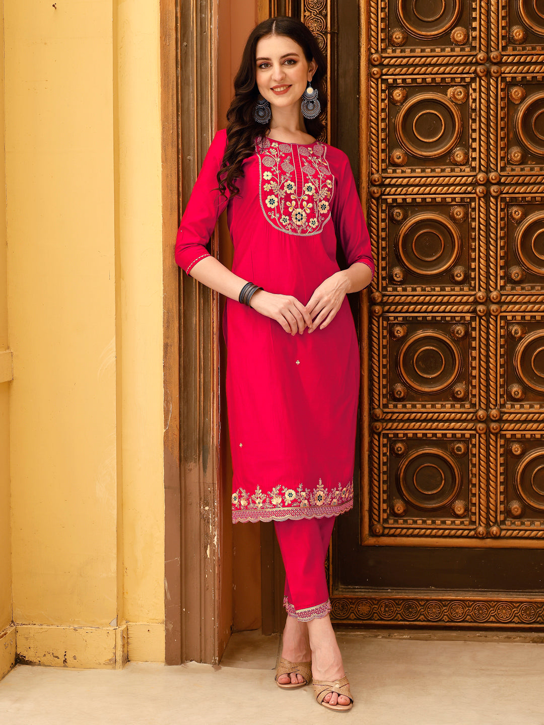 Embroidered Kurta With Pant & Chanderi Dupatta, Multicolor - Hiral Fashion