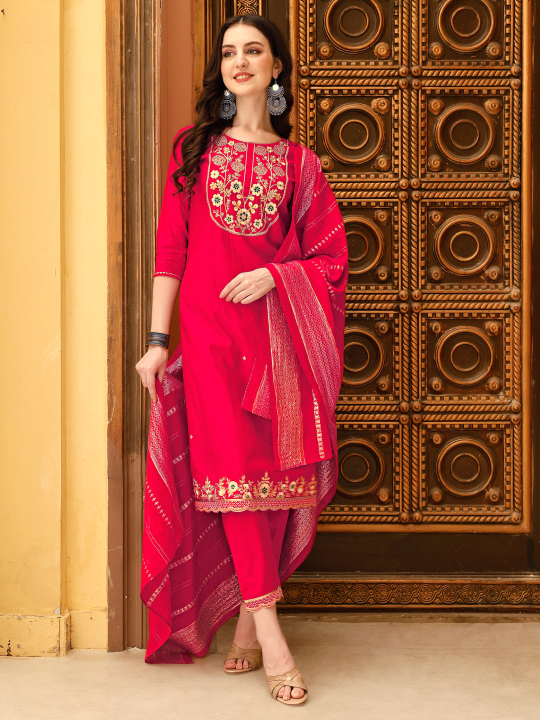 Embroidered Kurta With Pant & Chanderi Dupatta, Multicolor - Hiral Fashion