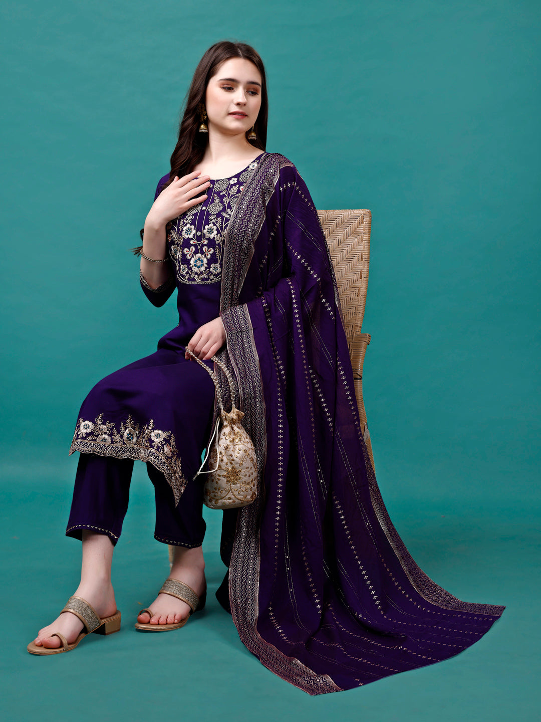 Embroidered Kurta With Pant & Sequined Dupatta, Multicolor - Hiral Fashion