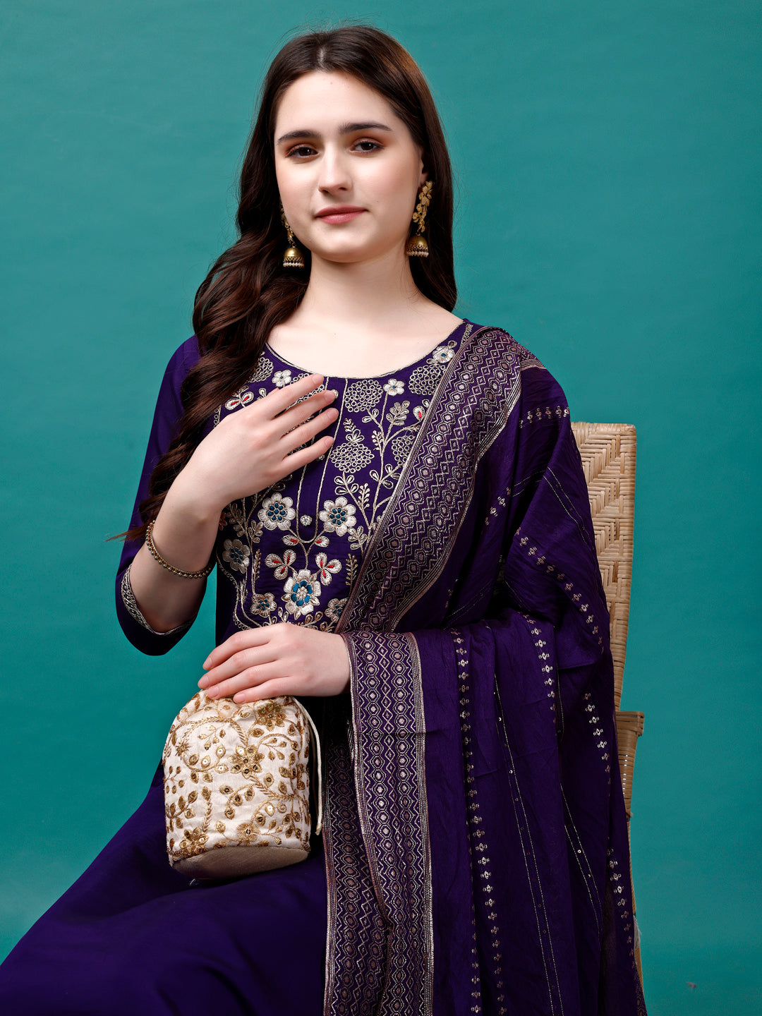 Embroidered Kurta With Pant & Sequined Dupatta, Multicolor - Hiral Fashion