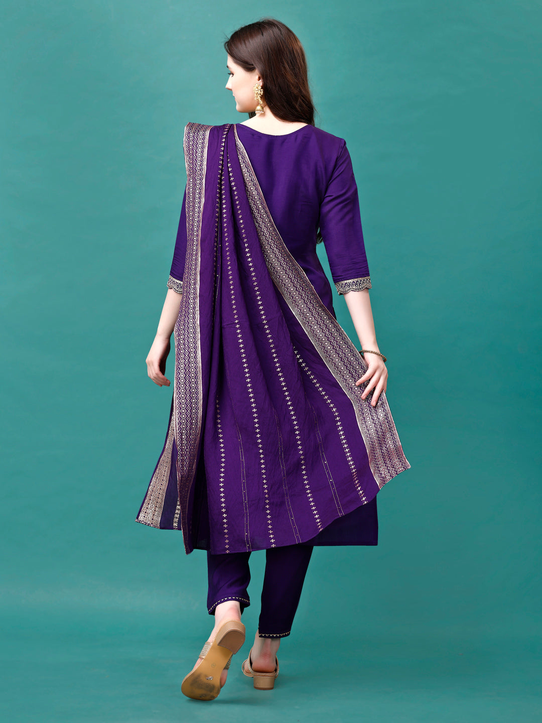 Embroidered Kurta With Pant & Sequined Dupatta, Multicolor - Hiral Fashion